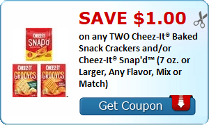 2 21838004 - ✂ Save $1.00 on any TWO Cheez-It® Baked Snack Crackers and/or Cheez-It® Snap'd™ (7 oz. or Larger, Any Flavor, Mix or Match)