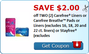 2 21848149 - ✂ Save $2.00 off TWO (2) Carefree® Liners or Carefree Breathe™ Pads or Liners (excludes 16, 18, 20 and 22 ct. liners) or Stayfree® (excludes