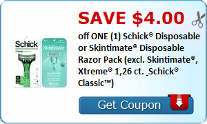2 21922102 - ✂ Save $4.00 off ONE (1) Schick® Disposable or Skintimate® Disposable Razor Pack (excl. Skintimate®, Xtreme® 1,2&6 ct. & Schick® Classic™)