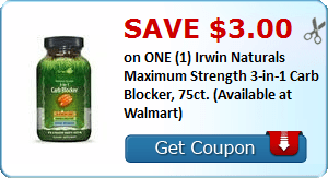 2 21931068 - ✂ Save $3.00 on ONE (1) Irwin Naturals Maximum Strength 3-in-1 Carb Blocker, 75ct. (Available at Walmart)